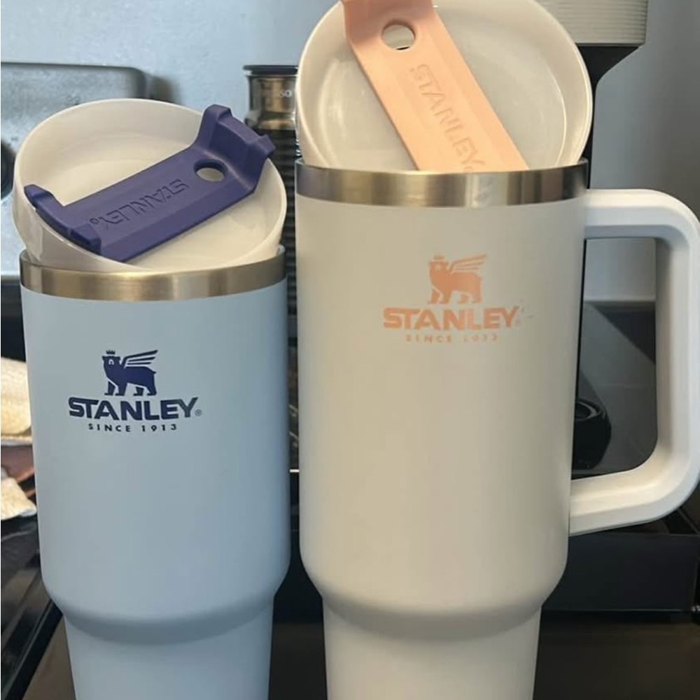Stanley White and Light Blue Mugs with Purple and Peach Accents